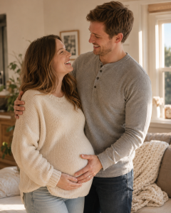 Emily, heavily pregnant, standing with her husband Daniel